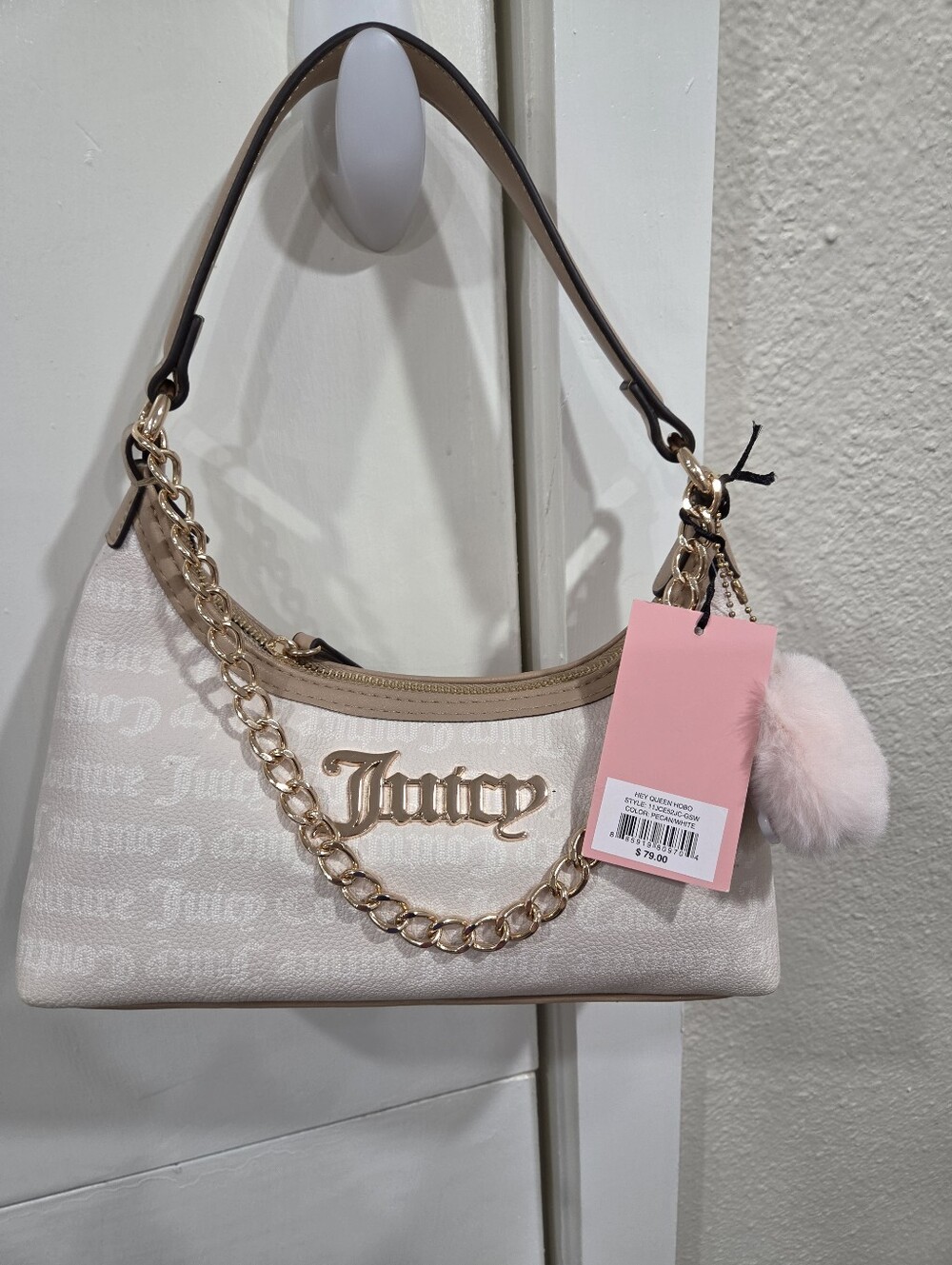 Juicy Couture Blush Pink Logo Chain Shoulder Bag with Pom-Pom
